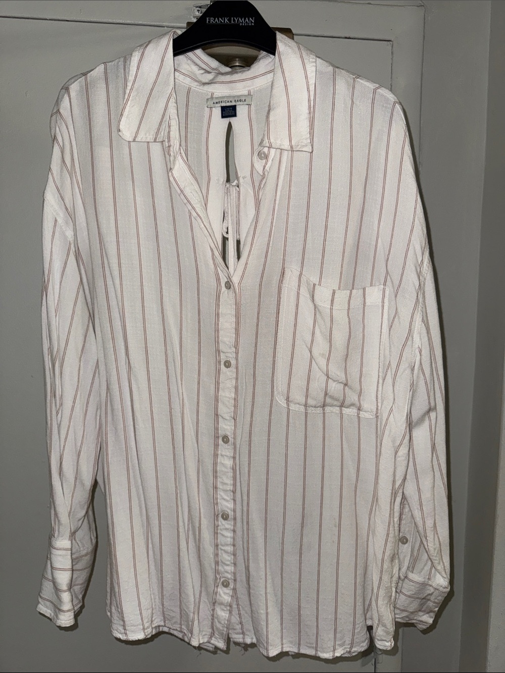 American Eagle Outfitters White Button-Down Shirt with Tan Stripes